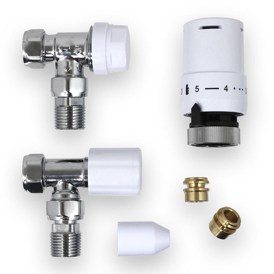 image 1 of Tower TRV Thermostatic Radiator Valve White Angled Lockshield 10-15mm Head Set
