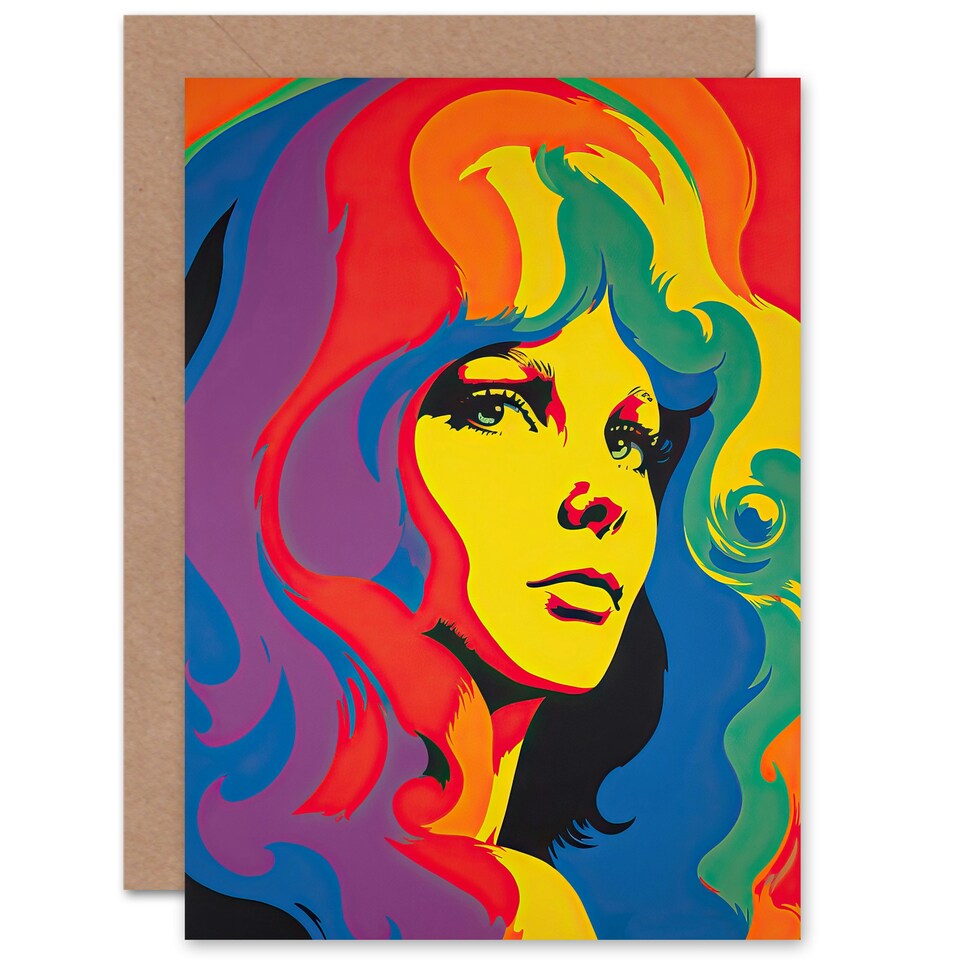 image 1 of Colourful 1960s Retro Psychedelic Rainbow Woman Portrait Greeting Card