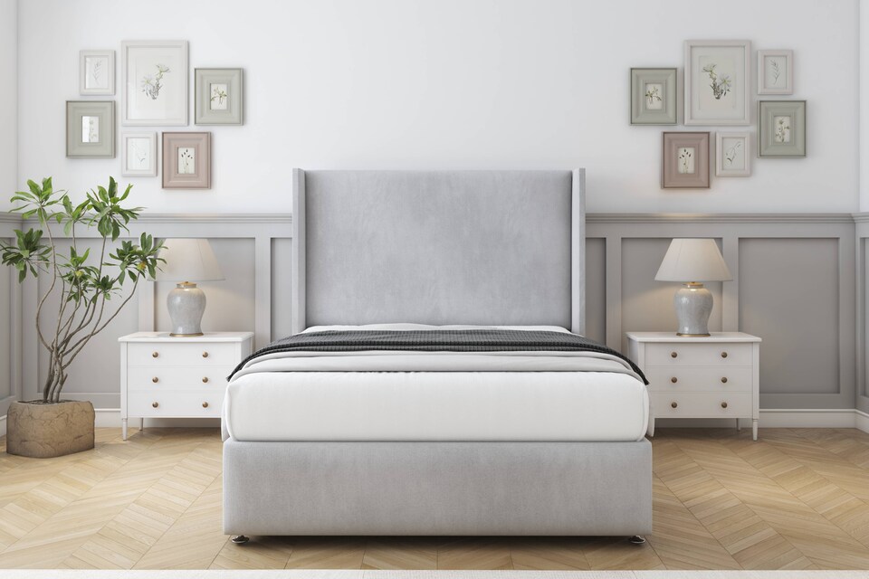 image 1 of Sloomy Stratford Silver Naples Divan Bed Base No Drawers With 54 Inch Wingback Headboard & 12 Inch Matching Footboard | Silver | Silver | Small Double | 1