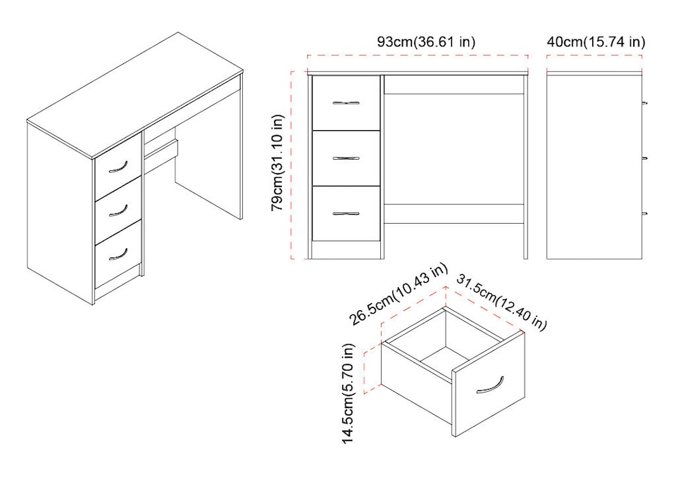 image 1 of 3-Drawer Wooden Desk and Dressing Table - Multi-Functional, 79.5x93x40 cm | White | White & Black | 22.5 x 43.5 x 98.5 | 1