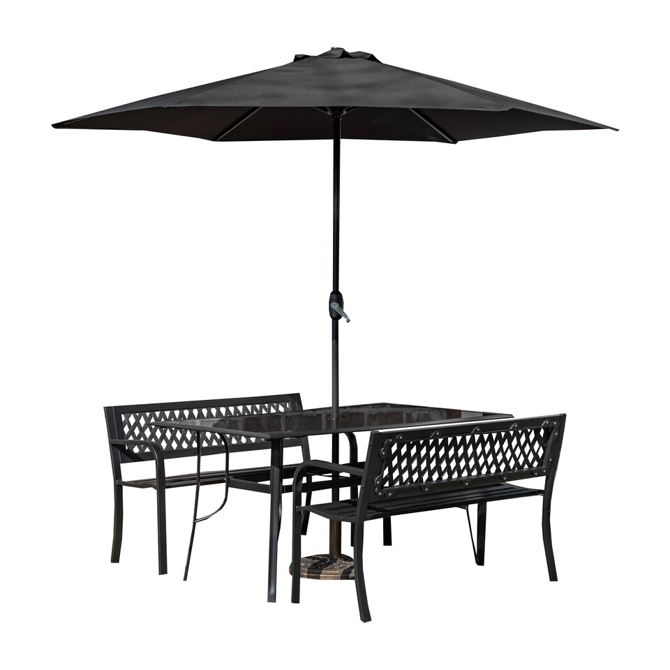image 1 of Outdoor 4 Person Rectangular Glass Top Garden Dining Table Benches With Black Havana Parasol and Base Set