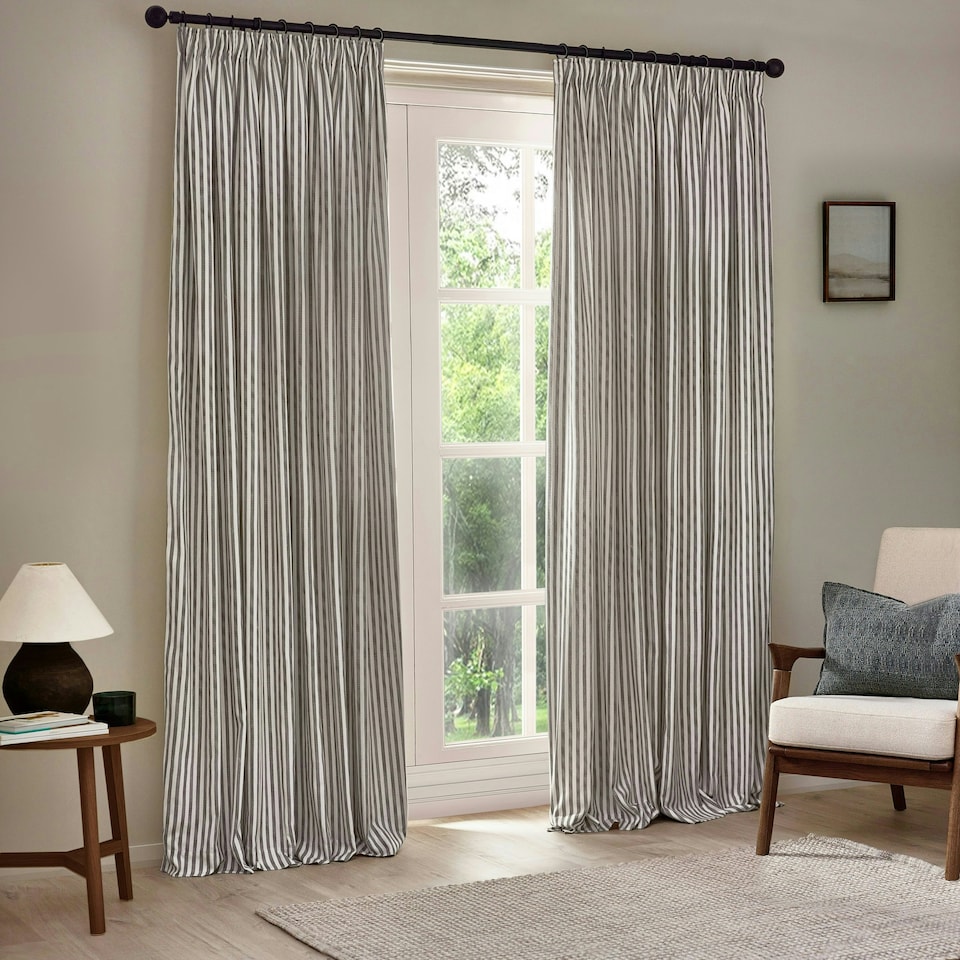 image 1 of Yard Hebden Striped Cotton Grey Pencil Pleat Curtains 117 x 137cm