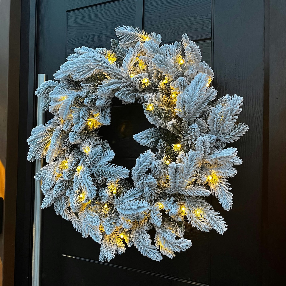 image 1 of 60cm Premium Mixed branch prelit Snow Flocked Christmas Wreath - with timer