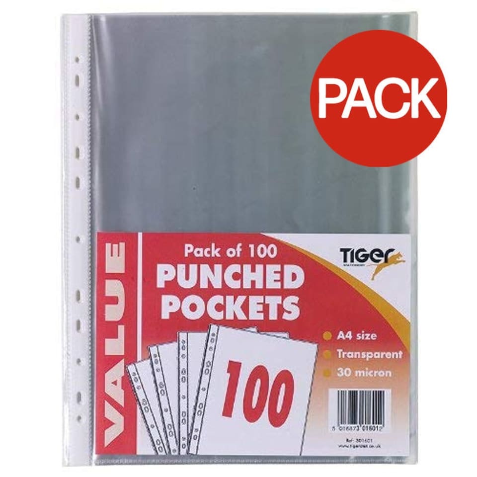 Tiger A4 Punched Pockets (Pack of 100) - Transparent - One Size