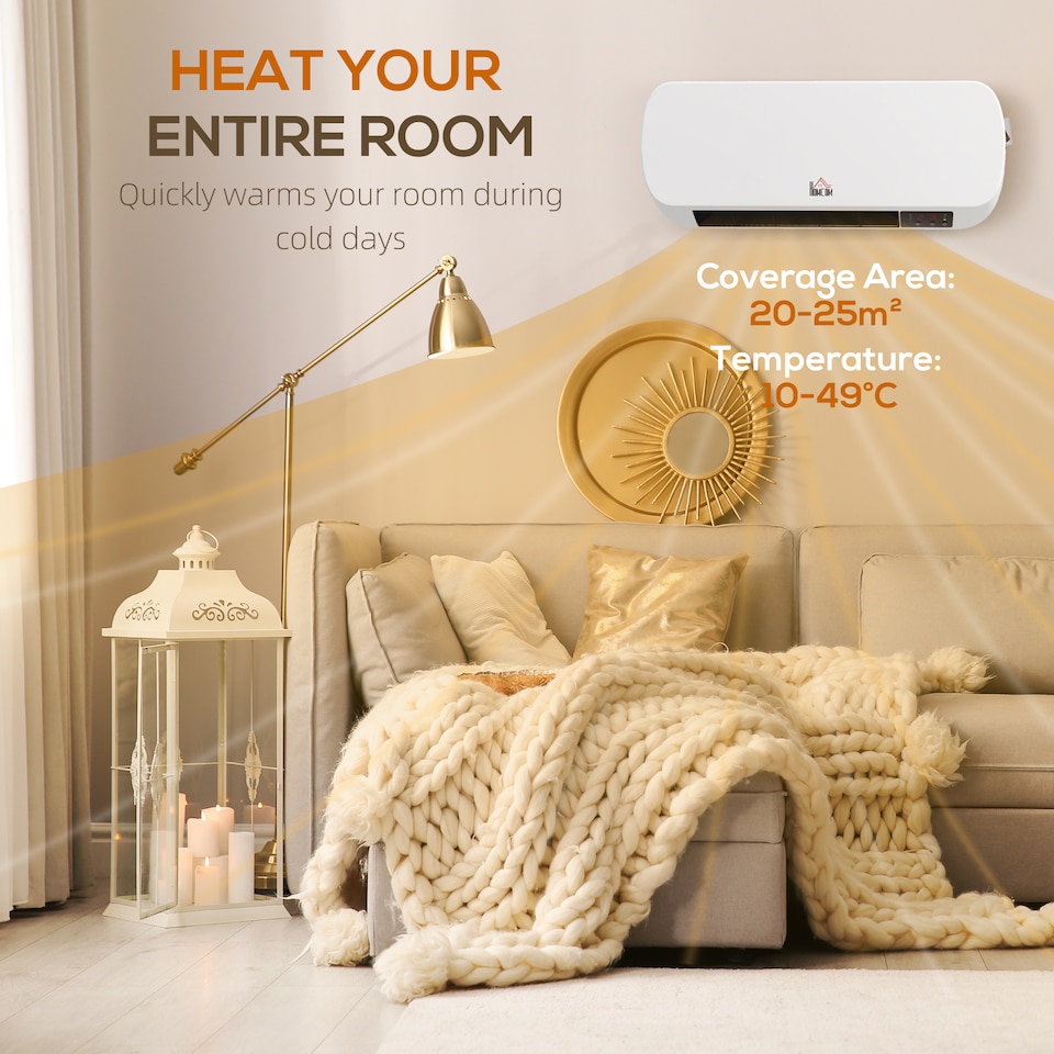 image 1 of HOMCOM Electric Heater, 2000W Wall Mounted Ceramic Space Heater with Remote Control, 3 Modes, Timer, Overheat Protection for Home, White