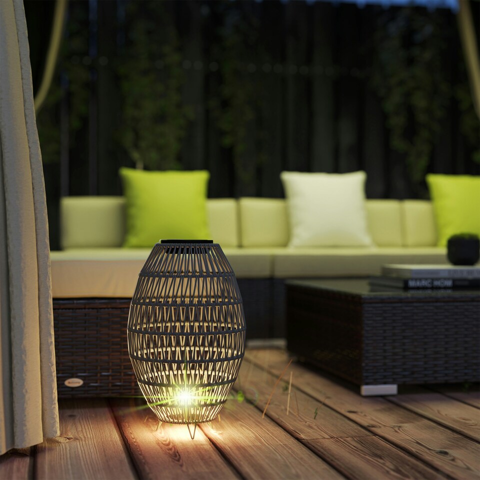 image 1 of Outsunny Rattan Solar Lamp, Auto On/Off Garden Lantern, Grey Grey