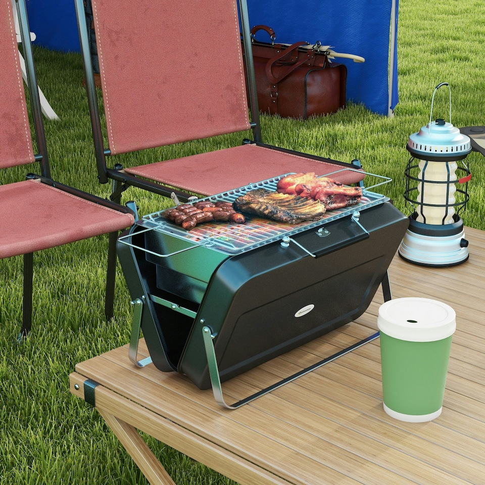 image 1 of Outsunny Portable BBQ Grill with Suitcase Design for Camping Picnic Party, Black