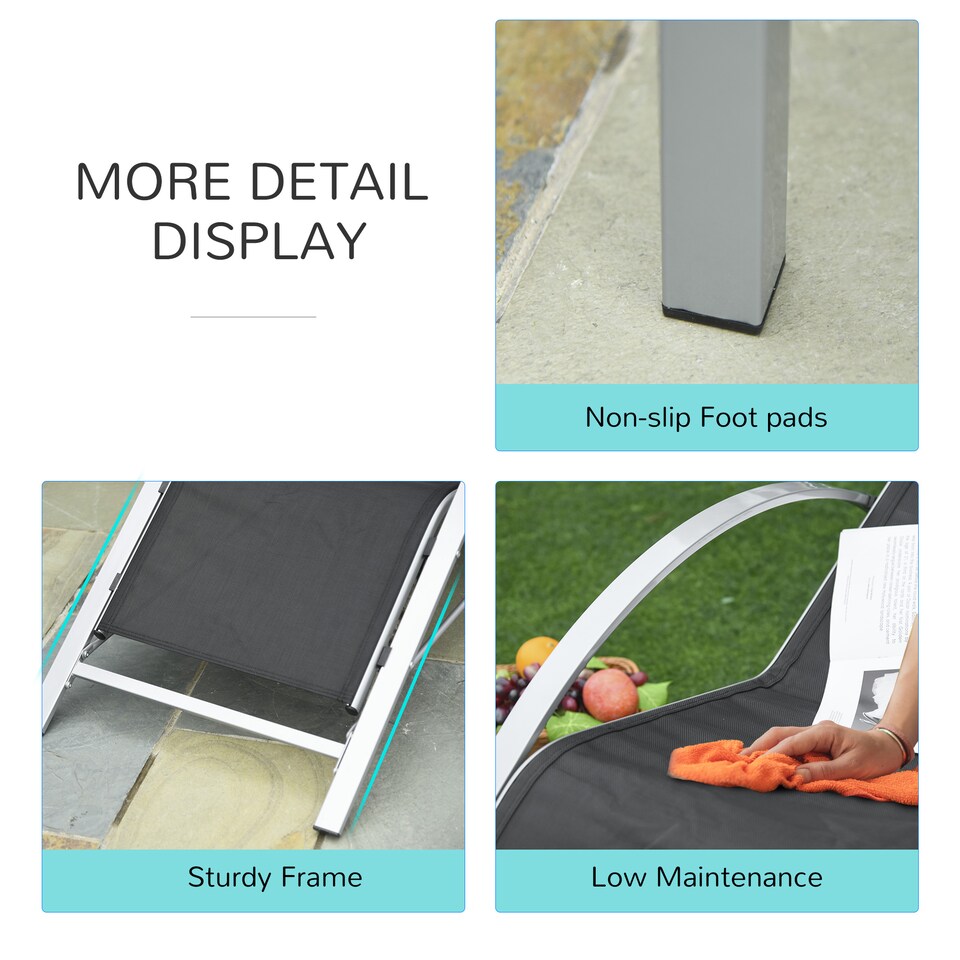 image 1 of Outsunny 3 Pieces Sun Lounger Chair Set, Metal Frame Outdoor Garden Recliner Chairs with Glass-Top Side Table and Armrests for Patio, Black