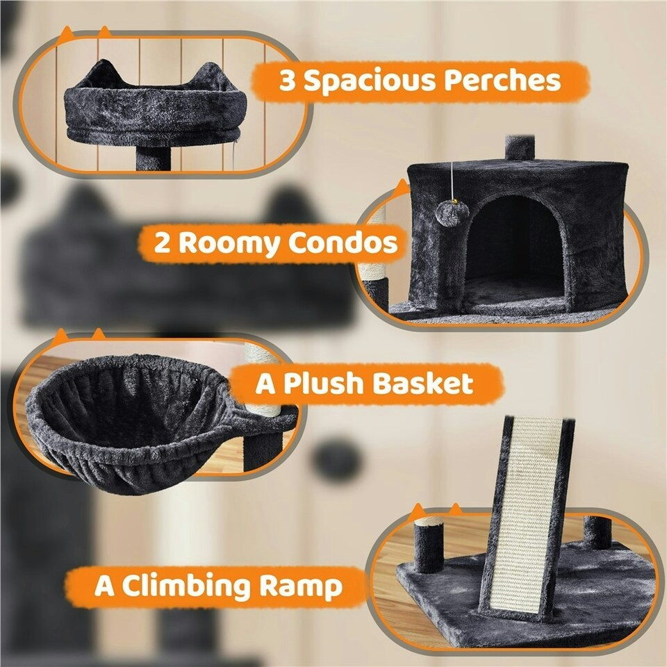 image 1 of Yaheetech 175 cm Plush Cat Tower with Condos Black