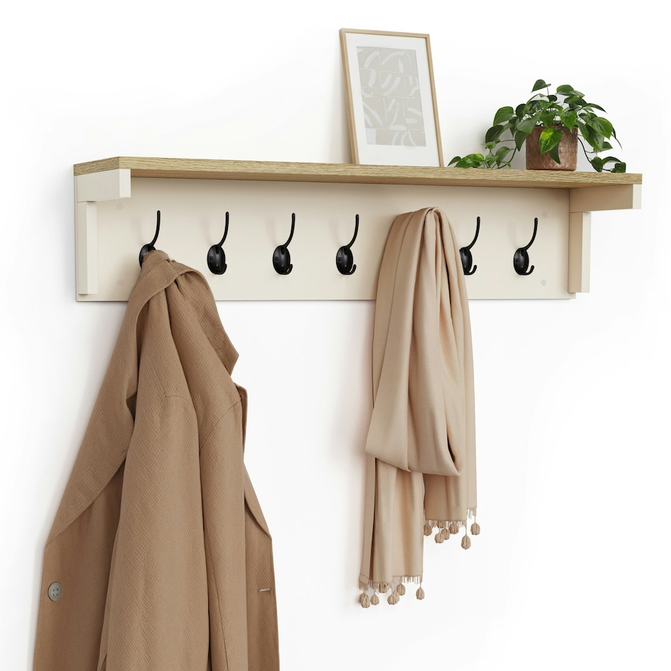 image 1 of VonHaus Coat Hooks Wall Mounted with Shelf and 7 Double Hooks Cream | One Size