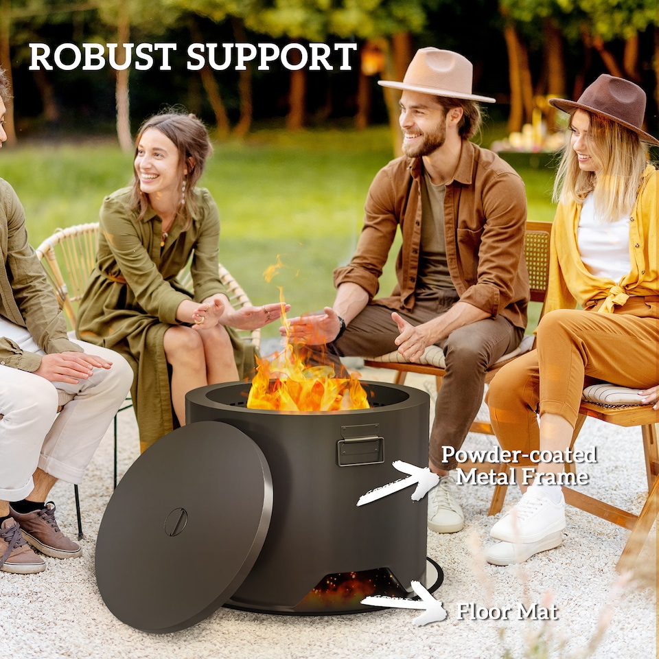 image 1 of Outsunny Outdoor Round Fire Pit with Lid, Wood Burning Firepit with Fire Poker and Floor Mat for Patio Bonfire BBQ Camping, Black