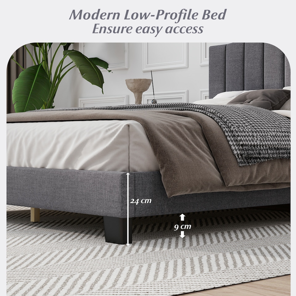 image 1 of COSTWAY Double Upholstered Bed Frame with Headboard Grey
