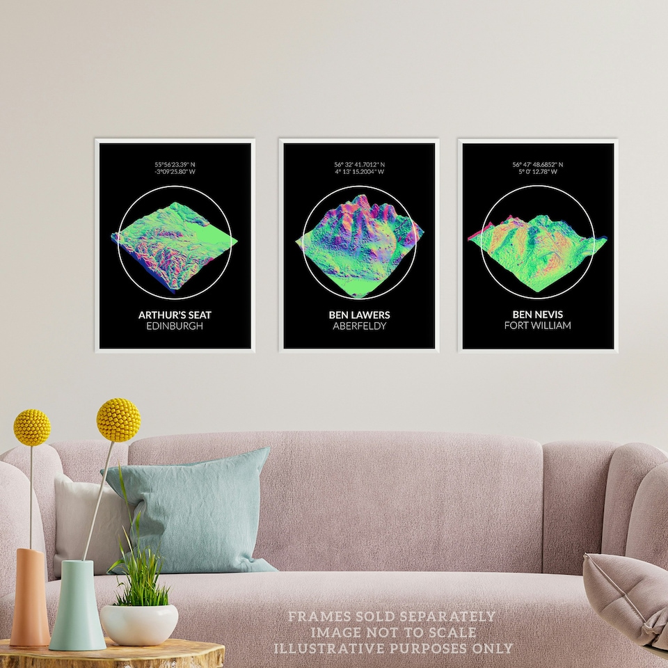 image 1 of Set of 3 Neon Scotland Mountain Topography Maps Ben Lawers Aberfeldy Wall Art Print A4