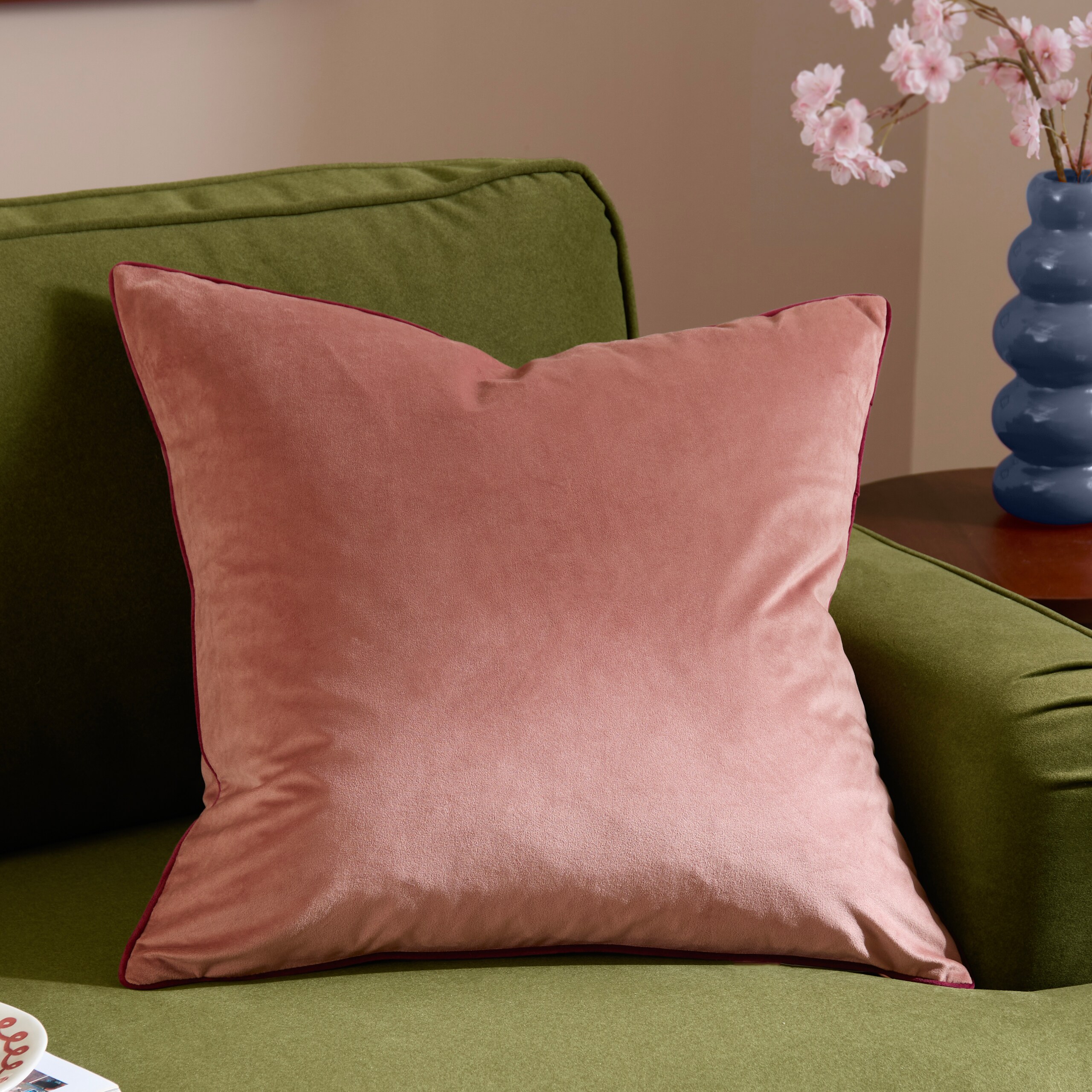 Furn Meridian Plain Velvet Piped Cushion in Peach | Size: 55 cm x 55 cm