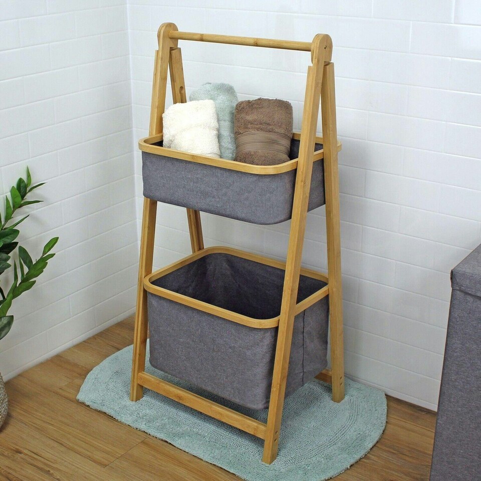 image 1 of Showerdrape Cotswold Grey 2 Tier Bathroom Storage Basket Ladder 990 x 440mm