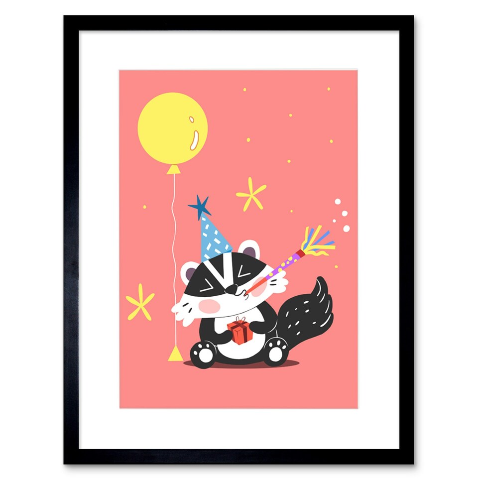image 1 of Badger Party Hat Balloon Cartoon Kids Bedroom 9x7" Black Framed Wall Art Print