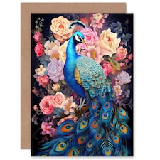 Elegant Peacock Bird With Rose Flower Blooms Floral Greeting Card