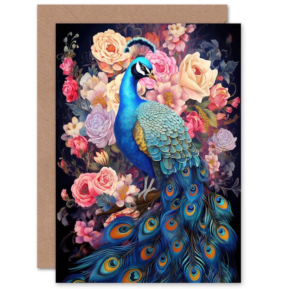 image 1 of Elegant Peacock Bird With Rose Flower Blooms Floral Greeting Card