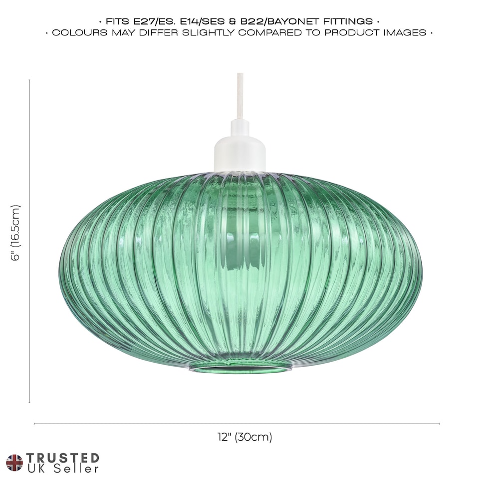 image 1 of Modern Designer Emerald Forest Green Line Ribbed Glass Oval Pendant Lamp Shade | Green