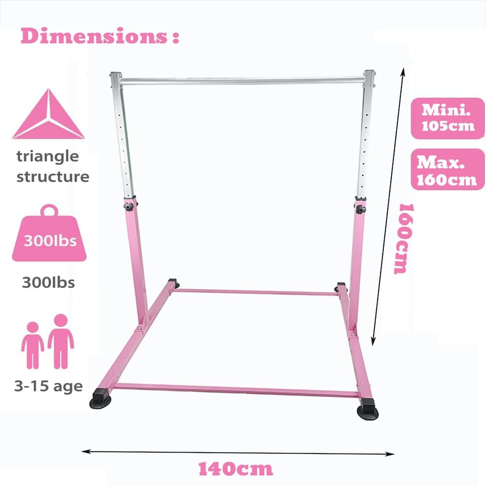 image 1 of Gymnastics Horizontal Kip Bar Home Gym Adjustable Height For Children Kids Pink