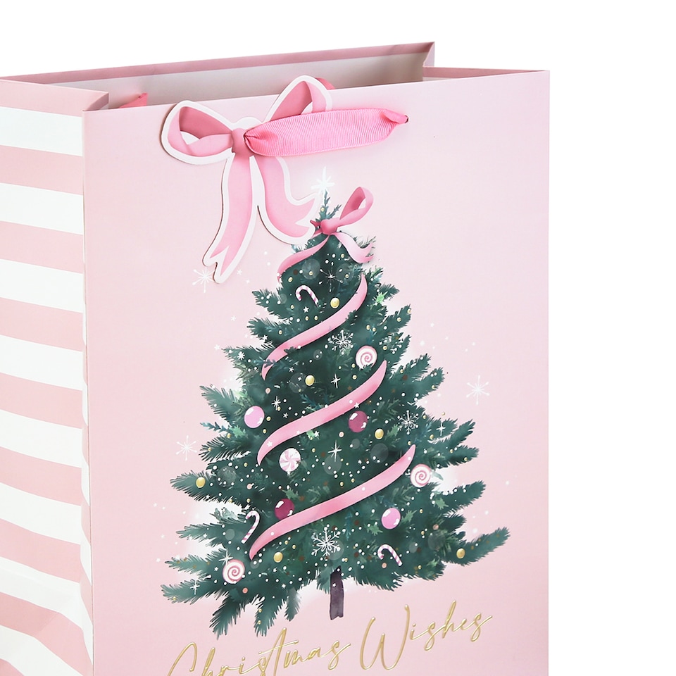 image 1 of Pink Bow Christmas Tree Embossed Large Baby Pink Gift Bag 33cm