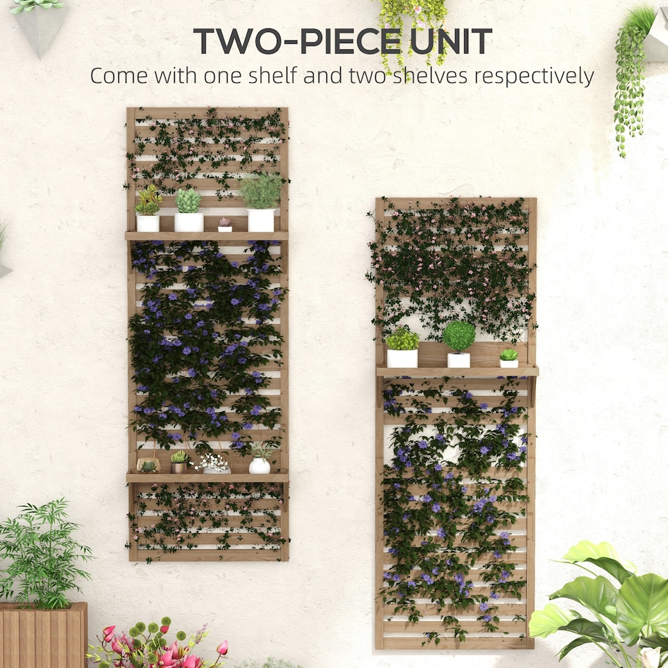 image 1 of Outsunny Wall Mounted Plant Stands Set of 2 with Shelves and Slatted Trellis