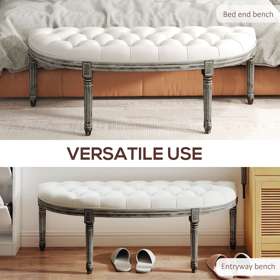 image 1 of HOMCOM Half-Circle End Bench Ottoman Footstool Tufting Padded Seat Brushed Wood Base Antique Accents Home Seat Furniture Cream White and Light Wood Grain Leg