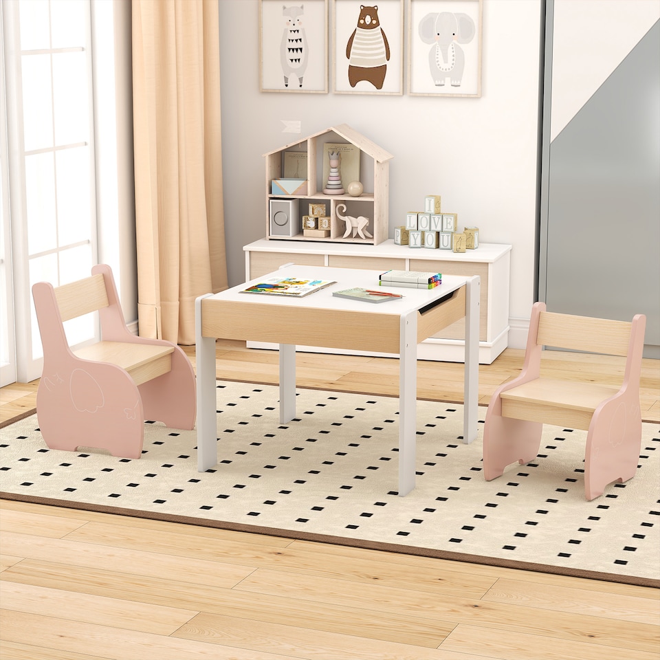 image 1 of COSTWAY Wooden Kids Table and Chair Set with Storage Pink