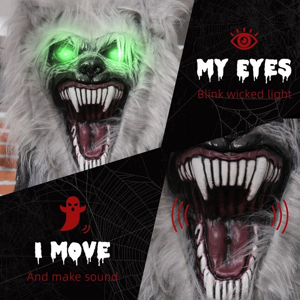 image 1 of HOMCOM 210cm 83 Skeleton Werewolf Outdoor Halloween Decoration, Halloween Animatronic with Sound Activated, Light Up Eyes, Sound Effects, Animated Prop for Haunted House