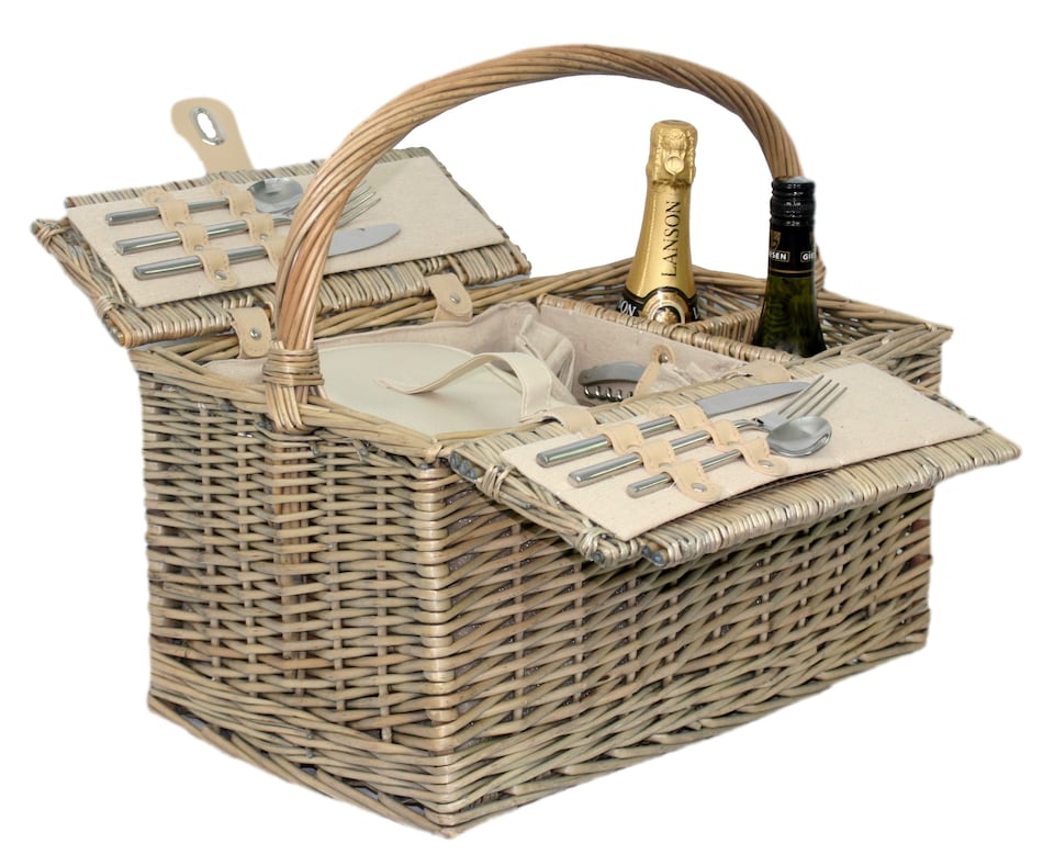 image 1 of Deluxe Retro Double Lidded Wicker 2 Person Fitted Picnic Basket | White | White | 1