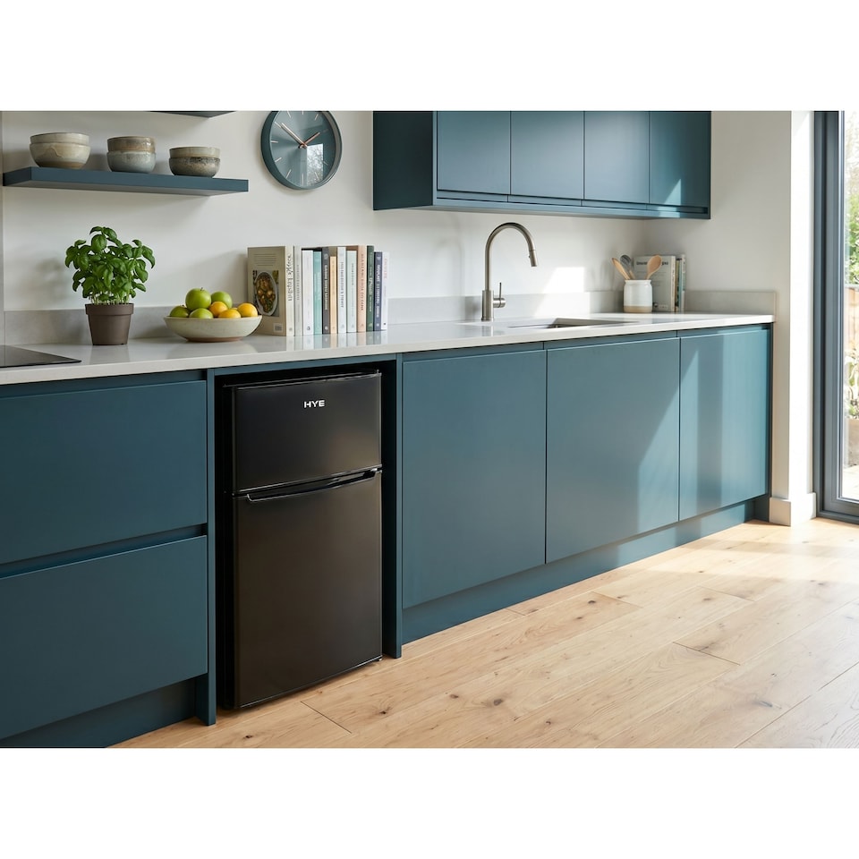 image 1 of HYE 86L Under Counter Fridge Freezer, Freestanding, 49cm, Black - RF01UCFF85B13