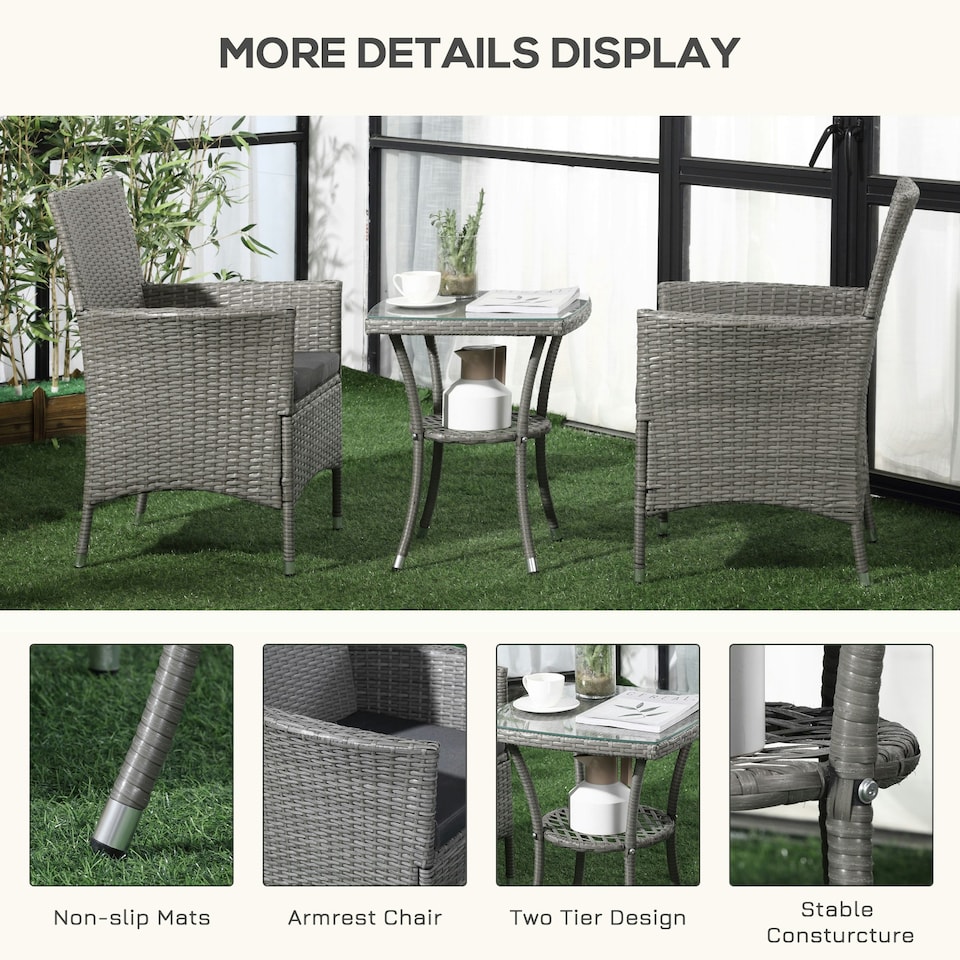 image 1 of Outsunny Rattan Bistro Set Garden Chair Table Patio Outdoor, Light Grey
