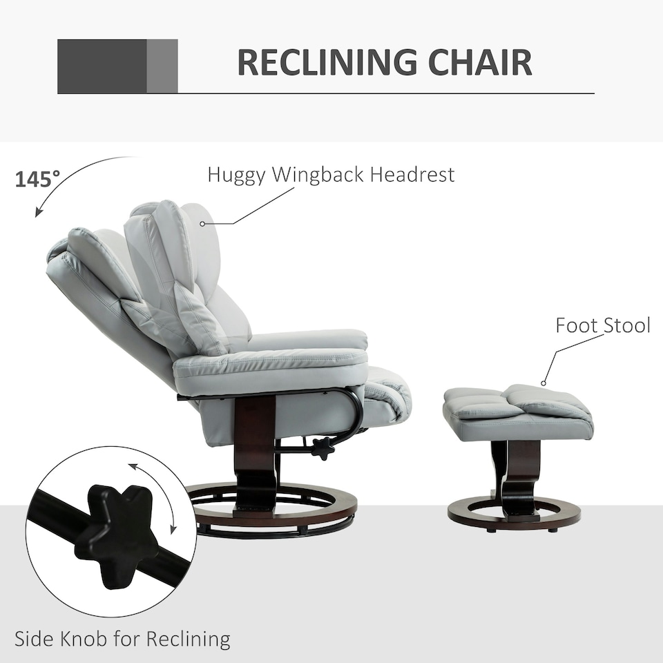 image 1 of HOMCOM PU Leather Manual Reclining Armchair Footstool Padded Seat Light Grey