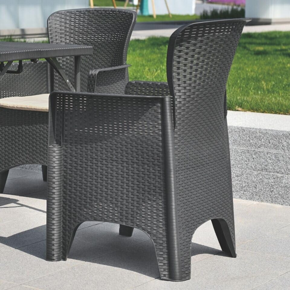 image 1 of 60cm Modern Black Rattan Wood Look Folding Table & 2 Chairs Compact Garden Patio Furniture Set