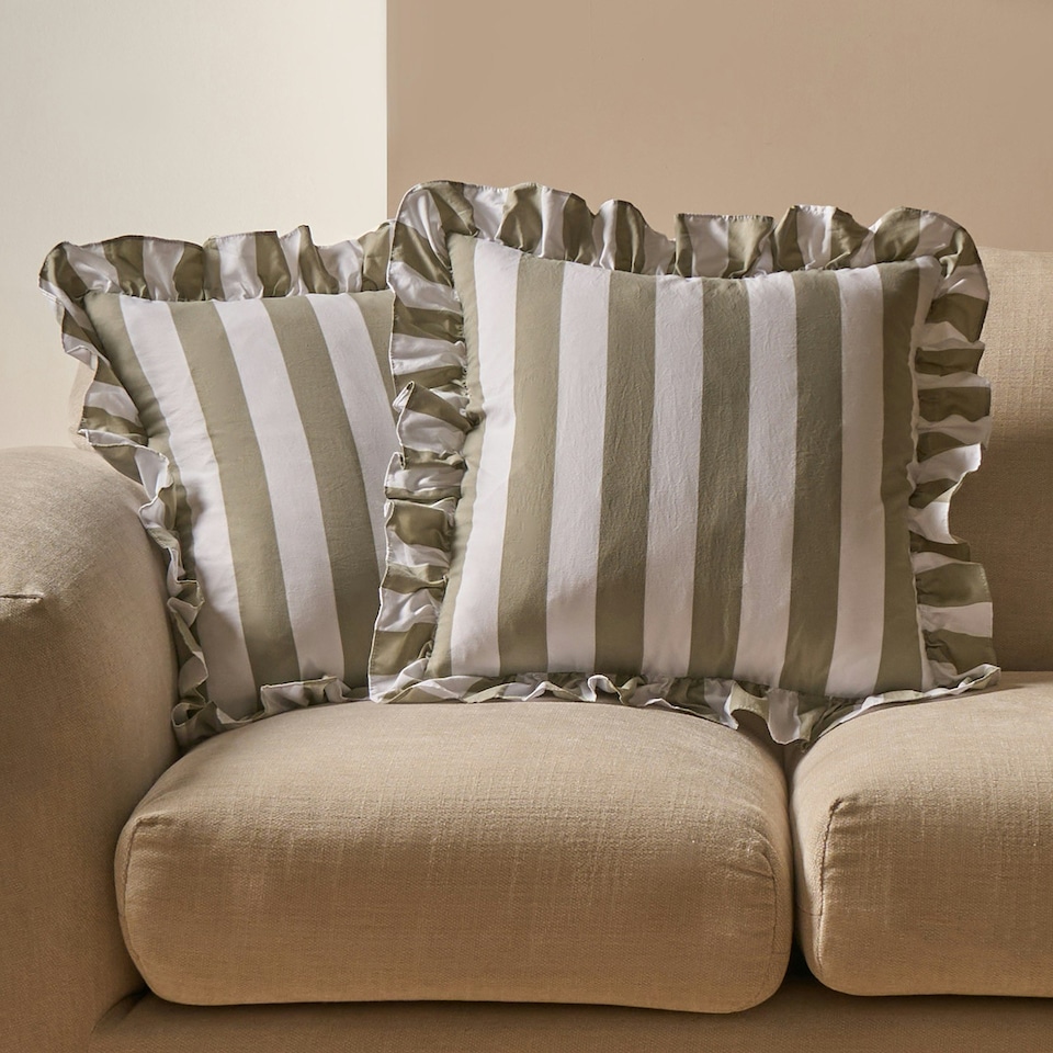 image 1 of OHS 4 Pack Stripe Frill Edge Soft Plush Cosy Cushion Covers Green | Sage