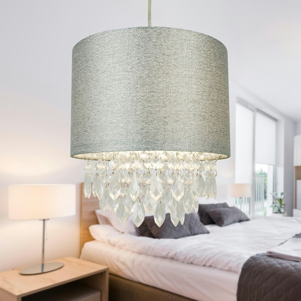 image 1 of First Choice Lighting Set of 2 Sparkle Grey Faux Silk Jewelled Easy Fit Light Shades Grey | Clear