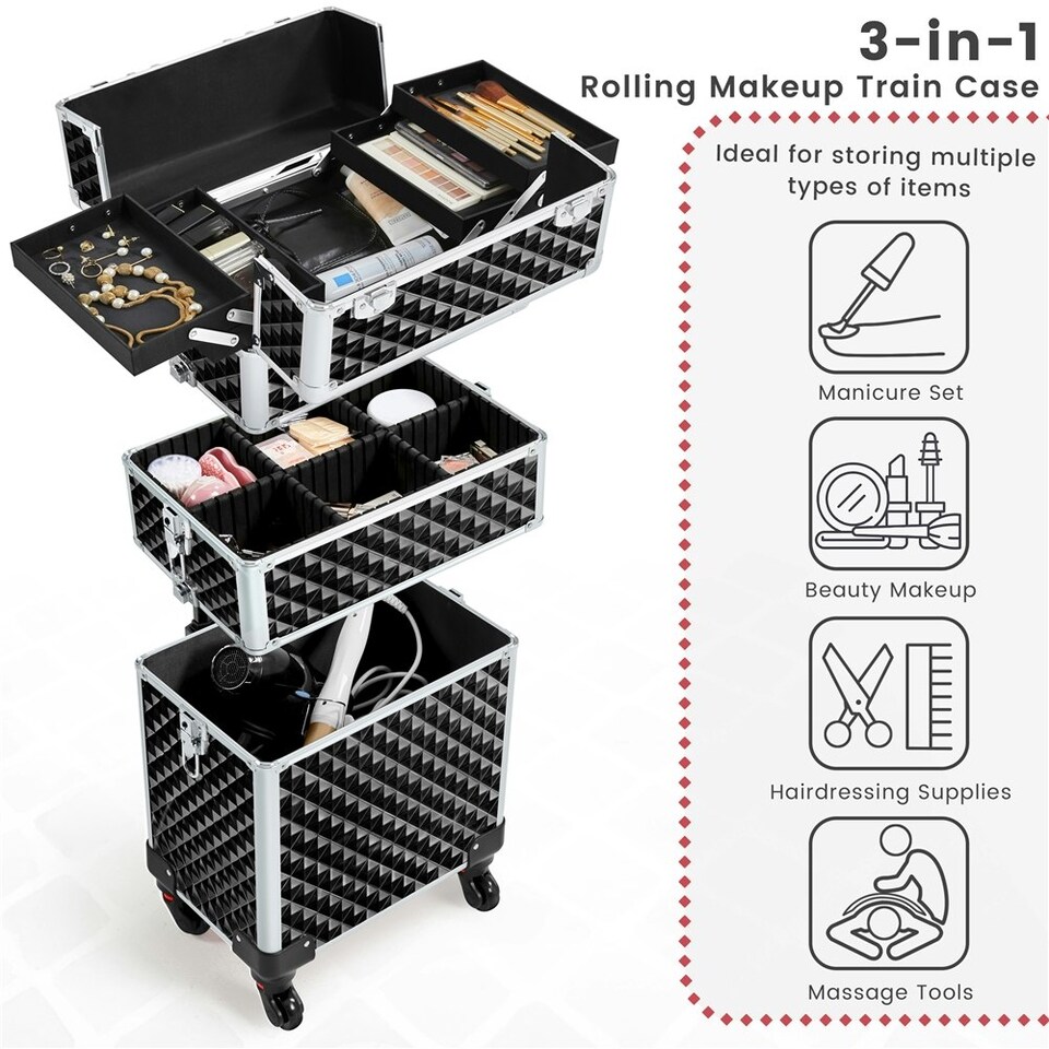 image 1 of Yaheetech 3-in-1 Portable Rolling Cosmetic Organizer Black