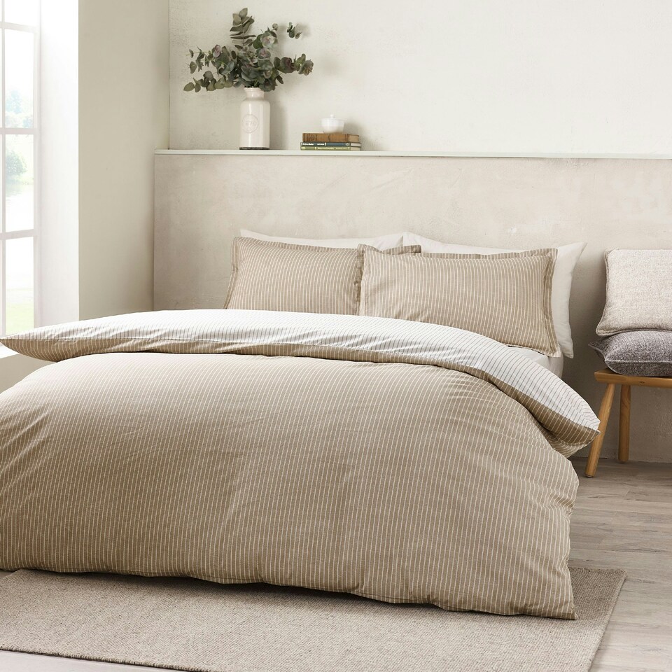 image 1 of Catherine Lansfield Oxford Pinstripe Reversible Duvet Cover Set Natural Cream | Natural | King