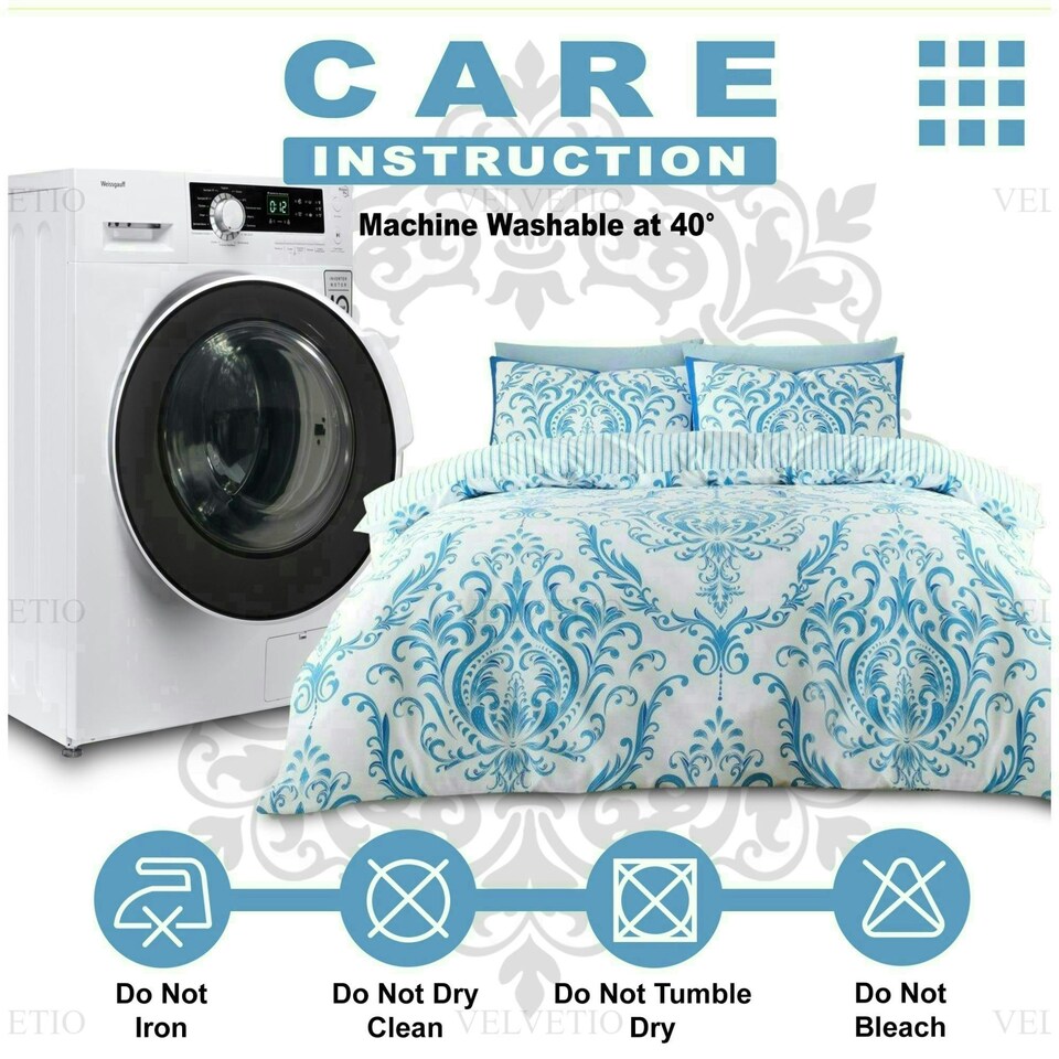 image 1 of VELVETIO Margaux Printed Duvet Cover Set Reversible Polycotton Easy Care Beddings Blue | Single