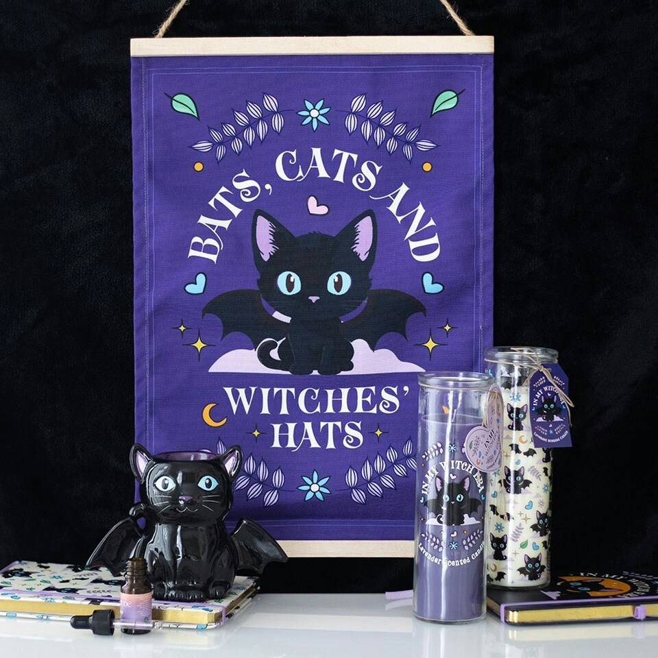 image 1 of Bats, Cats and Witches Hats Fabric Wall Hanging