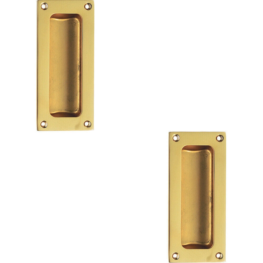 Loops 2x Recessed Sliding Door Flush Pull 102 x 45mm 10.5mm Depth Polished Brass in Metallics
