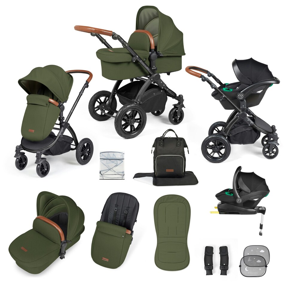 image 1 of Stomp Luxe 12pc Travel System with Stratus i-Size Car Seat & ISOFIX Base, Carrycot, Reversible Seat, Rain Cover & More (Black/Woodland/Tan)