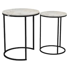 2Pc Round Nesting Stackable Sofa Side Bedside End Table Set Wood Top Metal Legs | Multi | White Marble Top with Black Legs