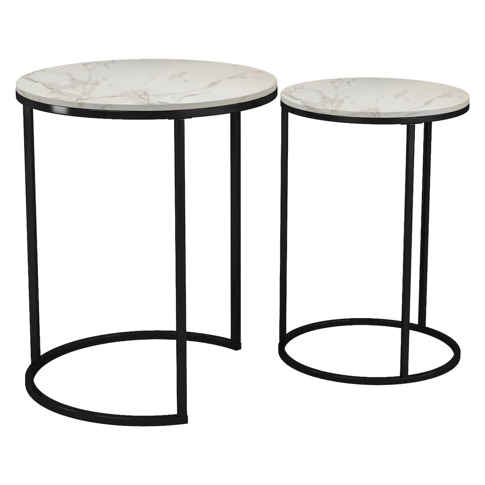image 1 of 2Pc Round Nesting Stackable Sofa Side Bedside End Table Set Wood Top Metal Legs | Multi | White Marble Top with Black Legs
