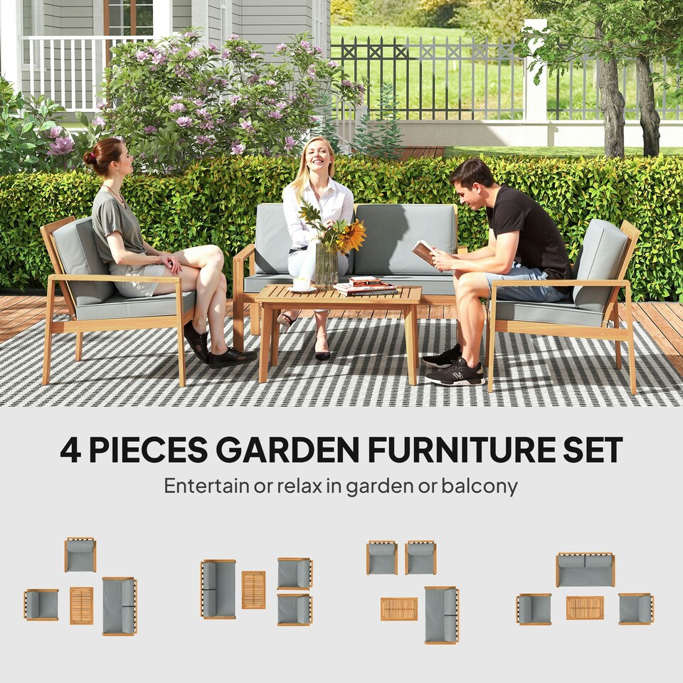 image 1 of Outsunny 4-Piece Wooden Set Cushions Teak