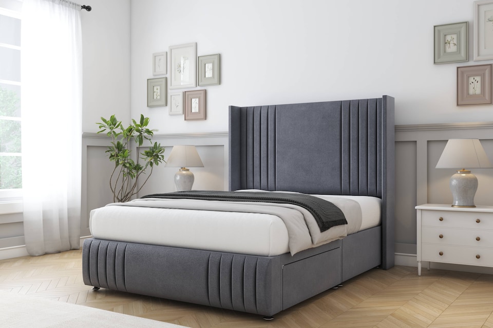 image 1 of Sloomy Camden Steel Plush Divan Bed With Mattress 2 Drawers Footend With 54" Wingback Headboard & 12" Matching Footboard 5' King | Grey | Steel | King | 1