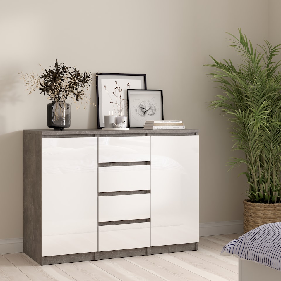 image 1 of Naia Sideboard 4 Drawers 2 Doors in Concrete and White High Gloss