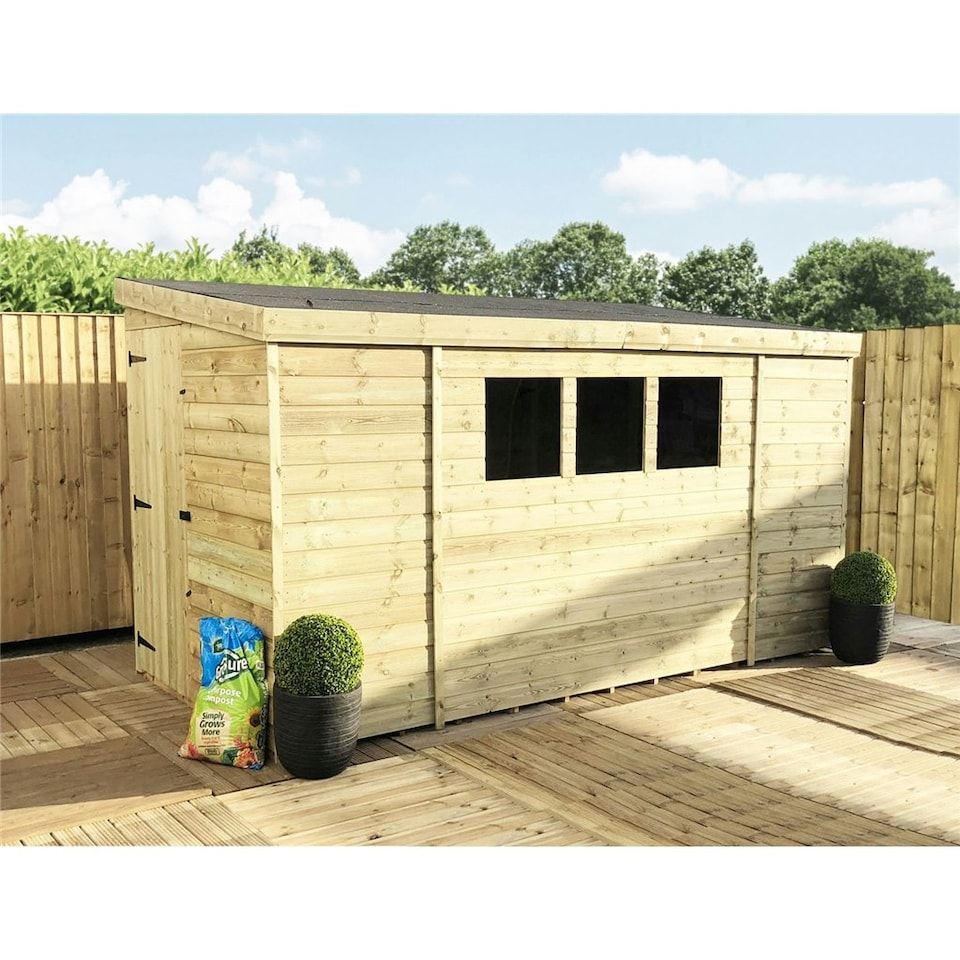 image 1 of 14 x 7 REVERSE Garden Shed Pressure Treated T&G PENT Wooden Garden Shed + 3 Windows + Single Door (14' x 7' / 14ft x 7ft) (14x7)