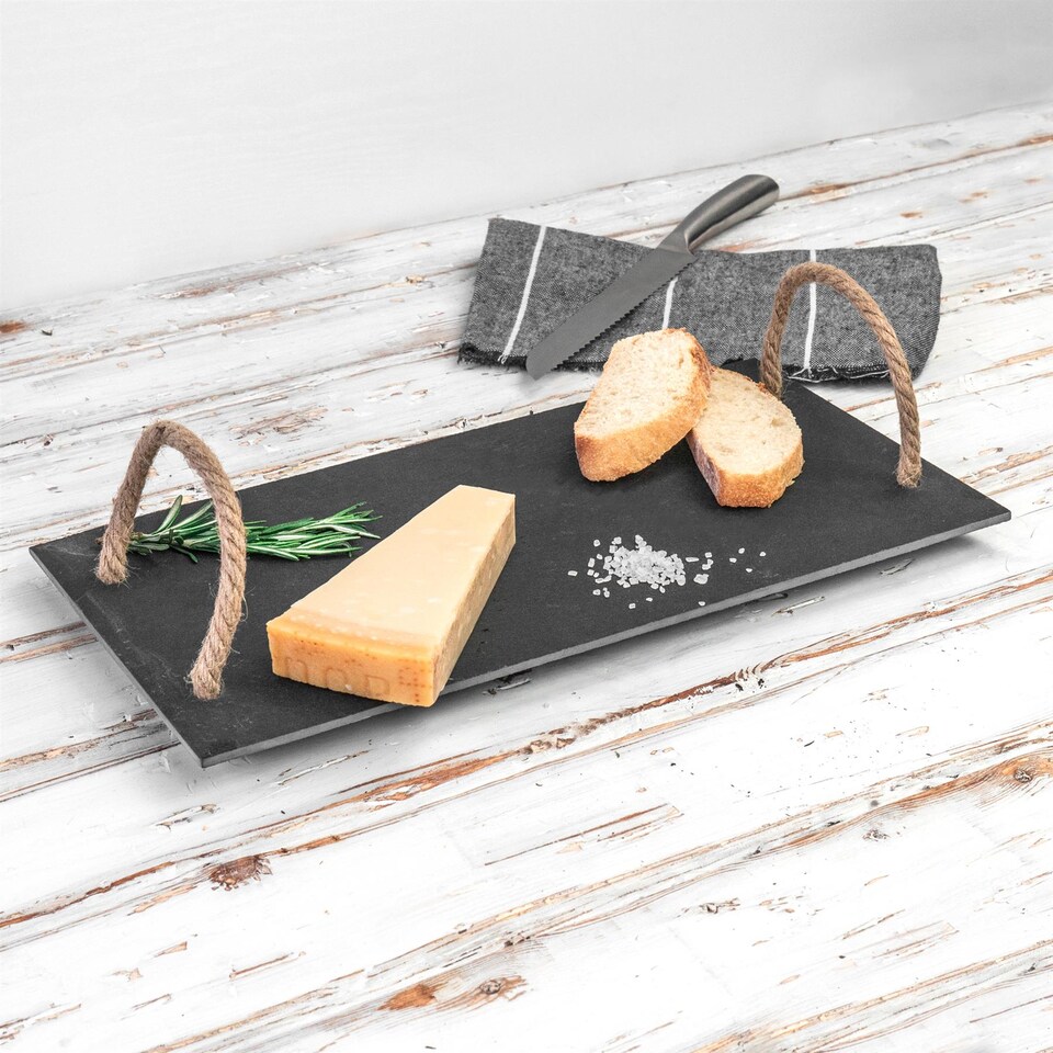 image 1 of Argon Tableware Serving Tray with Rope Handles - 40 x 20cm Natural Slate Serving Platter Tray Bread Cheese Board | Black | Black | One Size | 2