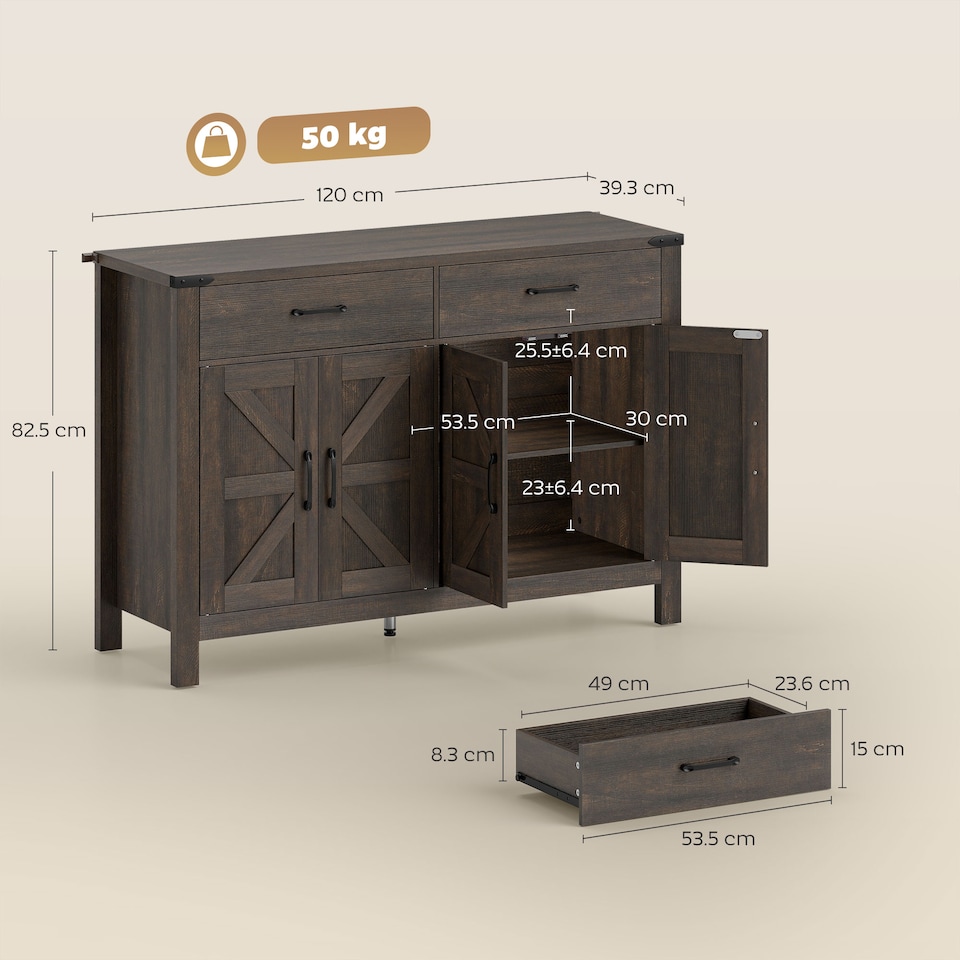 image 1 of HOMCOM Kitchen Cupboard with 4 Doors, 2 Drawers and 2 Shelves, Dark Brown